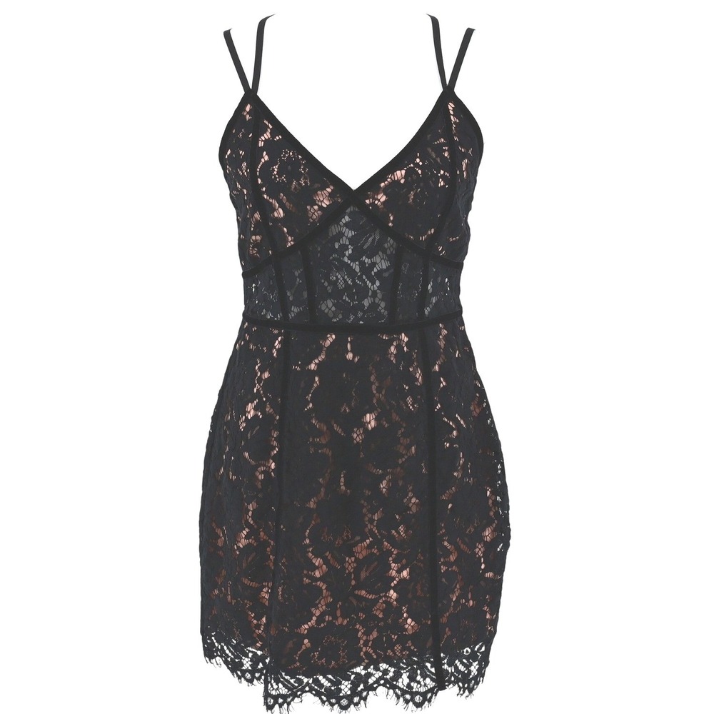 Tobi Black Lace Nude Lined Strappy Mini Dress Women's M Y2K Party Gothic Glam